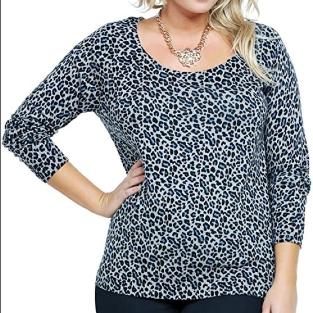 TORRID blue and grey cheetah scoop neck sweater